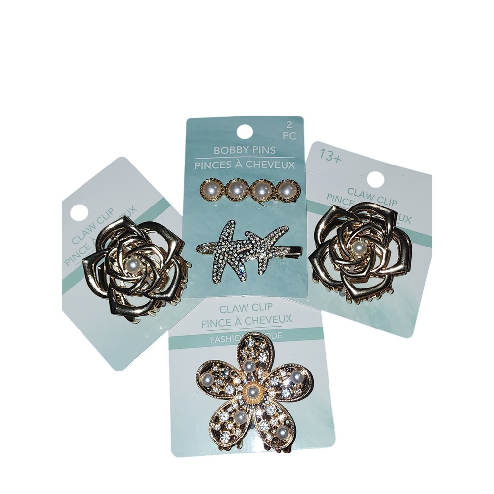 Gold Tone Faux Pearl and Crystal Hair Clip Bundle 5pc Set Rose Starfish Flower